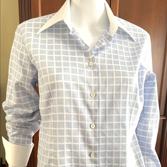 Blue & white check pattern button up cotton dress shirt white collar French cuff - Picture 8 of 16